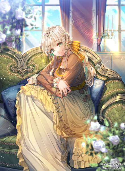 Anime picture 1080x1472 with sid story interitio single long hair tall image looking at viewer fringe blonde hair hair between eyes sitting green eyes signed indoors long sleeves head tilt light smile sunlight official art lens flare low ponytail