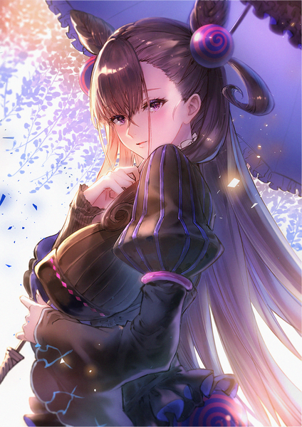 Anime picture 2480x3508 with fate (series) fate/grand order murasaki shikibu (fate) honyaru (nanairo39) single long hair tall image looking at viewer blush fringe highres breasts light erotic hair between eyes brown hair large breasts purple eyes upper body long sleeves hair bun (hair buns)