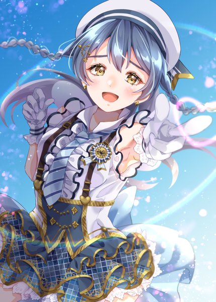Anime picture 1813x2537 with love live! school idol project sunrise (studio) love live! sonoda umi madoka (madoka25) single long hair tall image looking at viewer blush fringe highres open mouth smile hair between eyes standing yellow eyes payot blue hair sky