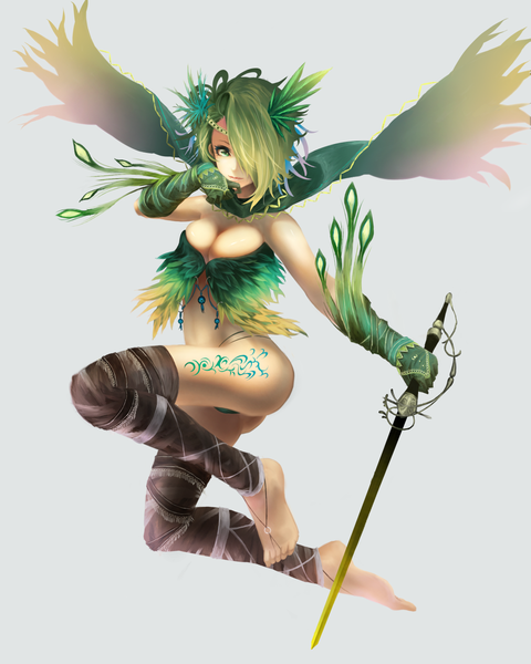 Anime picture 1200x1500 with original akaikitsune single tall image looking at viewer fringe short hair breasts light erotic bare shoulders holding green eyes barefoot green hair hair over one eye midriff tattoo girl gloves weapon