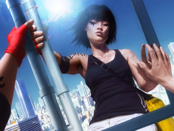 Anime picture 1600x1200 with mirror's edge faith connors single highres short hair black hair wind realistic official art tattoo reflection pov female pov girl gloves single glove red gloves tank top