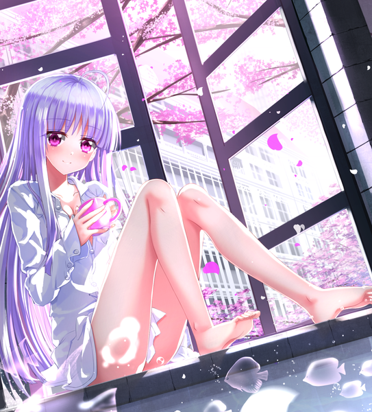 Anime picture 1102x1217 with absolute duo 8bit yurie sigtuna swordsouls single long hair tall image looking at viewer blush fringe smile sitting purple eyes purple hair full body ahoge indoors barefoot bare legs legs