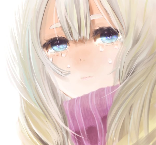 Anime picture 1400x1300 with original mumiya (artist) single long hair blue eyes simple background blonde hair white background tears girl scarf