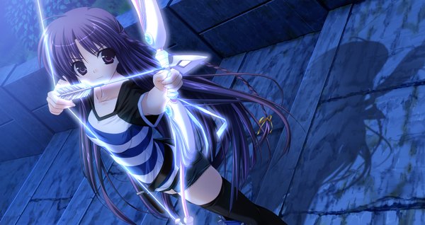 Anime picture 1694x900 with long hair wide image purple hair night battle girl thighhighs bow (weapon)