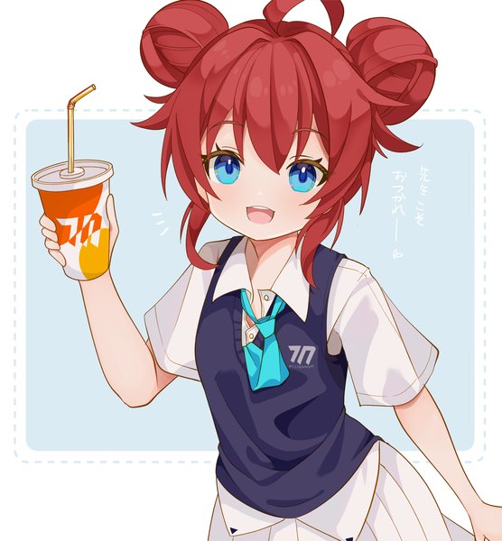 Anime picture 2780x3000 with blue archive maki (blue archive) saekiya sabou single tall image fringe highres short hair open mouth blue eyes hair between eyes ahoge red hair :d hair bun (hair buns) loli text border outside border dotted line
