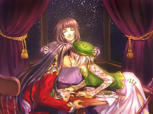 Anime picture 1000x749 with original yuumei long hair fringe short hair smile red eyes brown hair holding green eyes yellow eyes purple hair white hair eyes closed very long hair profile night night sky couple face to face