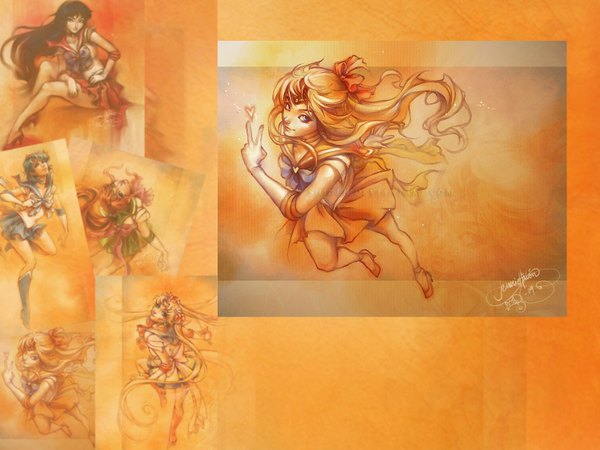 Anime picture 1500x1125 with bishoujo senshi sailor moon toei animation tsukino usagi sailor moon aino minako kino makoto sailor venus sailor mars sailor mercury sailor jupiter shideh (artist) long hair looking at viewer blue eyes blonde hair signed pleated skirt light smile orange hair multiview