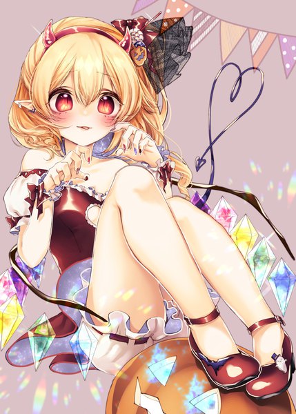 Anime picture 2591x3624 with touhou flandre scarlet mokokiyo (asaddr) single long hair tall image looking at viewer blush highres blonde hair smile red eyes sitting bare shoulders full body nail polish parted lips fingernails pointy ears one side up