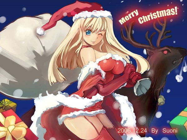 Anime picture 1024x768 with tagme (artist) long hair blush light erotic blonde hair one eye closed wink fur trim christmas :p thighhighs hat tongue fur garter straps santa claus hat santa claus costume suoni (pixiv)