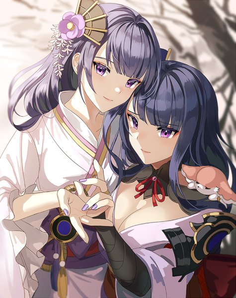 Anime picture 700x884 with genshin impact raiden shogun yae miko yae miko (fox) makoto (genshin impact) silence girl tall image fringe breasts purple eyes multiple girls cleavage purple hair traditional clothes japanese clothes light smile shaded face siblings twins sisters