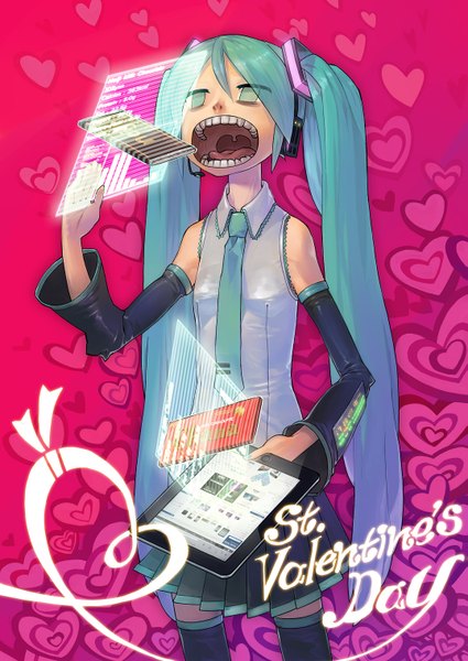 Anime picture 1075x1518 with vocaloid hatsune miku kazeto (pixiv) single long hair tall image open mouth twintails aqua eyes aqua hair pink background eating valentine girl thighhighs skirt detached sleeves necktie heart headphones