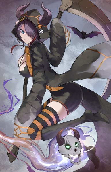 Anime picture 1654x2572 with othellonia nergal (othellonia) oribito (dnwd3782) single tall image looking at viewer fringe breasts blue eyes light erotic black hair smile large breasts multicolored hair horn (horns) hair over one eye alternate costume streaked hair halloween girl