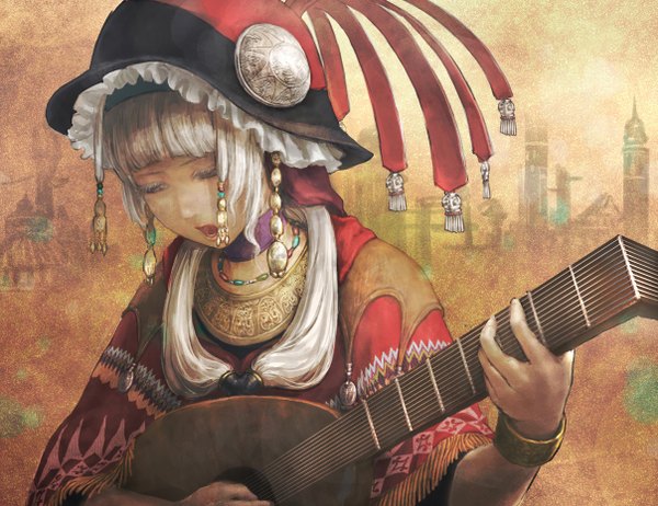 Anime picture 1208x932 with original minoo single long hair fringe open mouth simple background blonde hair eyes closed singing girl hair ornament hat choker frills bracelet musical instrument