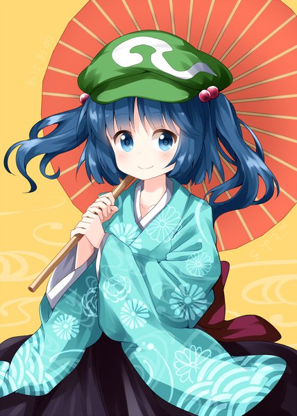 Anime picture 1000x1400 with touhou kawashiro nitori ruu (tksymkw) single tall image looking at viewer blush short hair blue eyes smile blue hair traditional clothes japanese clothes two side up alternate costume kikumon girl hat umbrella hair bobbles