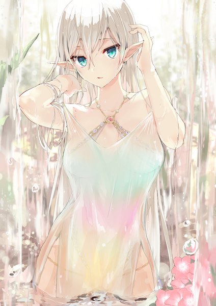 Anime-Bild 2893x4092 mit original tomozero single long hair tall image looking at viewer fringe highres breasts open mouth blue eyes light erotic blonde hair hair between eyes large breasts standing outdoors pointy ears arms up wet