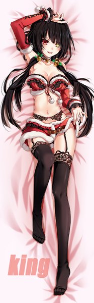 Anime picture 400x1280 with date a live tokisaki kurumi kingchenxi single long hair tall image blush light erotic black hair smile twintails heterochromia low twintails dakimakura (medium) girl thighhighs black thighhighs detached sleeves miniskirt