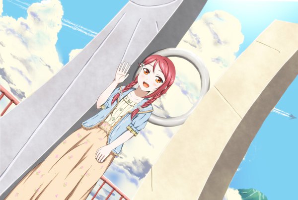 Anime picture 1493x1005 with love live! sunshine!! sunrise (studio) love live! sakurauchi riko oune mahiro single long hair looking at viewer blush open mouth smile standing sky cloud (clouds) outdoors red hair braid (braids) :d hair flower orange eyes