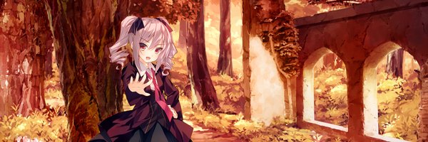 Anime picture 1500x500 with idolmaster idolmaster cinderella girls kanzaki ranko amami mikihiro single long hair looking at viewer fringe open mouth wide image twintails grey eyes hand on hip drill hair outstretched hand scenic ruins girl skirt ribbon (ribbons)