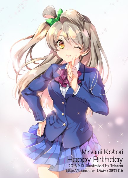 Anime picture 600x831 with love live! school idol project sunrise (studio) love live! minami kotori trianon single long hair tall image looking at viewer smile brown hair signed yellow eyes one eye closed wink sparkle character names hand on hip one side up dated