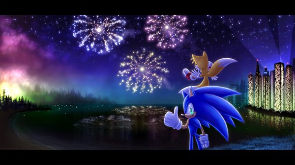 Anime picture 1920x1080 with sonic (series) sonic the hedgehog looking at viewer highres smile wide image standing green eyes sky cloud (clouds) tail from behind night sky back reflection letterboxed horizon multiple tails fireworks lake