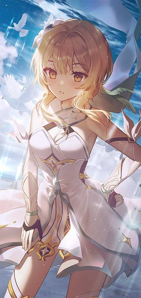 Anime picture 618x1300 with genshin impact lumine (genshin impact) no.aei single tall image fringe short hair blonde hair standing yellow eyes payot looking away sky cloud (clouds) outdoors hair flower :o dutch angle hand on hip girl