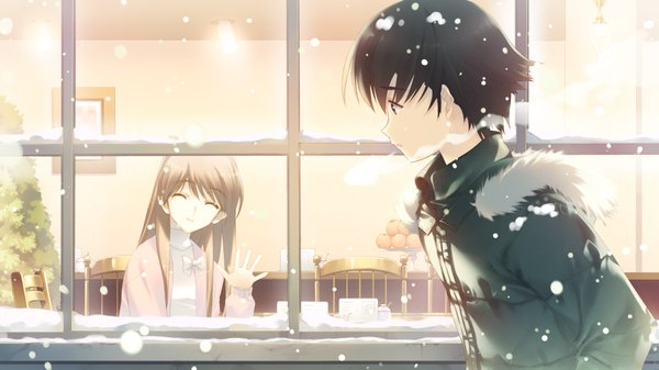 Anime picture 1280x720 with white album 2 ogiso setsuna long hair short hair black hair brown hair wide image game cg eyes closed girl boy jacket window