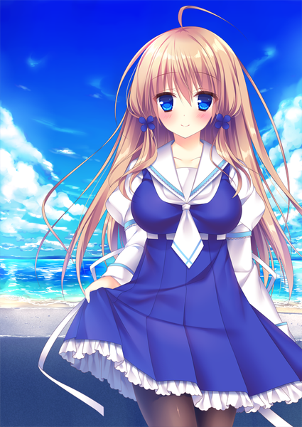 Anime picture 627x885 with original traene (sorai shin'ya) sorai shin'ya single long hair tall image looking at viewer blush blue eyes blonde hair smile sky cloud (clouds) girl dress necktie sea