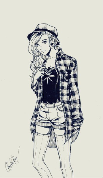 Anime picture 1437x2481 with original charlie ray single long hair tall image looking at viewer simple background standing long sleeves grey background monochrome wavy hair plaid girl thighhighs hat shirt white thighhighs shorts hat ribbon