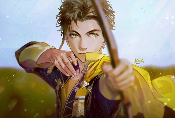 Anime picture 4000x2700 with fire emblem fire emblem: three houses nintendo claude von riegan kkia single highres short hair brown hair green eyes signed looking away absurdres upper body blurry outstretched arm serious boy weapon cape