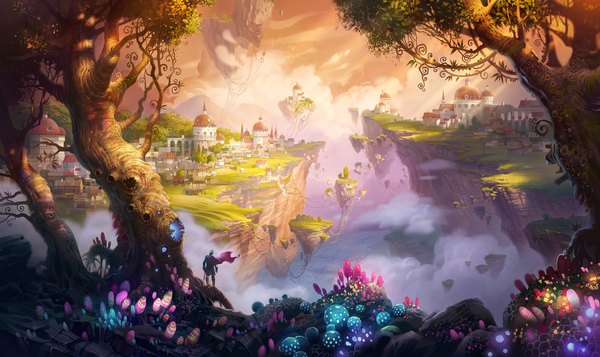 Anime picture 1600x954 with original ivany86 (artist) wide image standing sky cloud (clouds) sunlight city cityscape landscape scenic glow weightlessness rock eyes knight panorama floating island plant (plants) tree (trees)