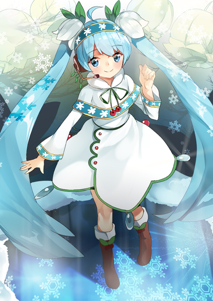Anime picture 700x990 with vocaloid hatsune miku yuki miku yuki miku (2015) shovelwall single tall image looking at viewer blush blue eyes smile twintails blue hair ahoge very long hair hair flower from above snowflake print girl hair ornament