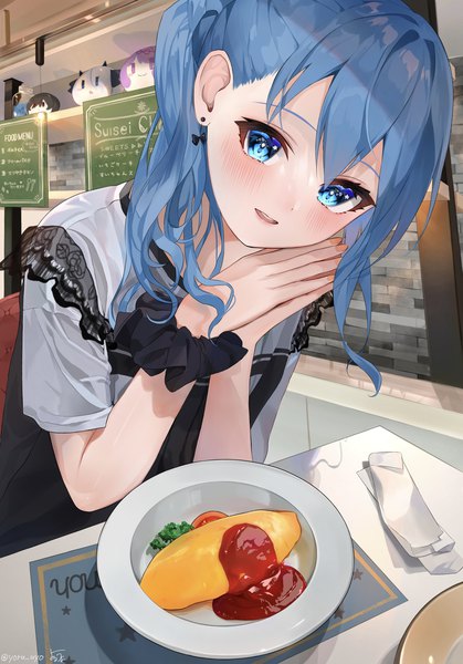 Anime picture 1668x2388 with virtual youtuber hololive hoshimachi suisei yoru uyo single long hair tall image blush fringe blue eyes hair between eyes sitting blue hair indoors nail polish head tilt side ponytail hands clasped wrist scrunchie girl