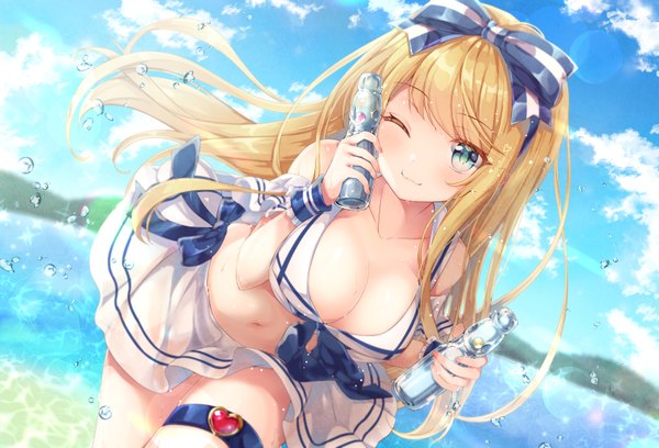 Anime picture 6656x4533 with original emori miku project emori el emilion single long hair looking at viewer blush fringe highres breasts light erotic smile large breasts bare shoulders holding absurdres sky cleavage cloud (clouds)