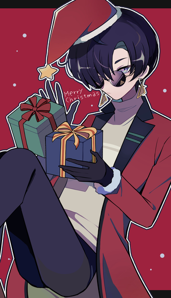 Anime picture 1000x1739 with original sasa kado (redbluemoon74) single tall image fringe short hair black hair purple eyes looking away hair over one eye christmas red background merry christmas boy gloves hat earrings black gloves sunglasses gift