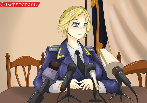 Anime picture 2046x1447 with real life natalia poklonskaya torahime (roland00) single blush highres short hair breasts blue eyes blonde hair smile large breasts looking away text russian girl uniform microphone police uniform