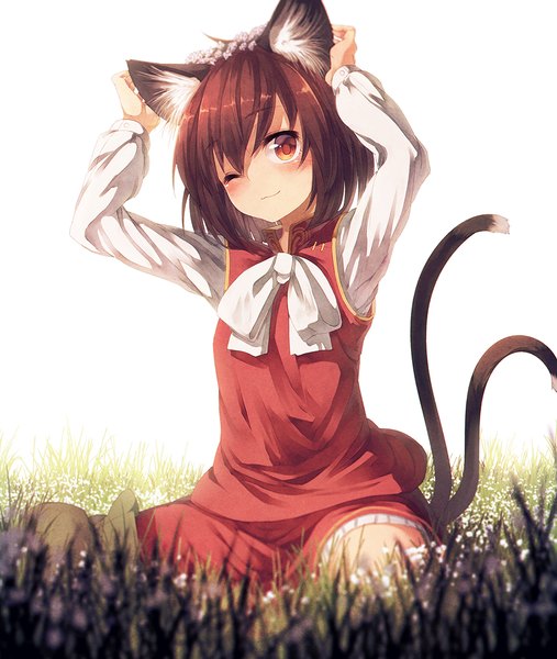 Anime picture 968x1144 with touhou chen ibuki notsu single tall image blush short hair smile red eyes brown hair white background sitting animal ears tail animal tail one eye closed wink cat ears arms up cat girl