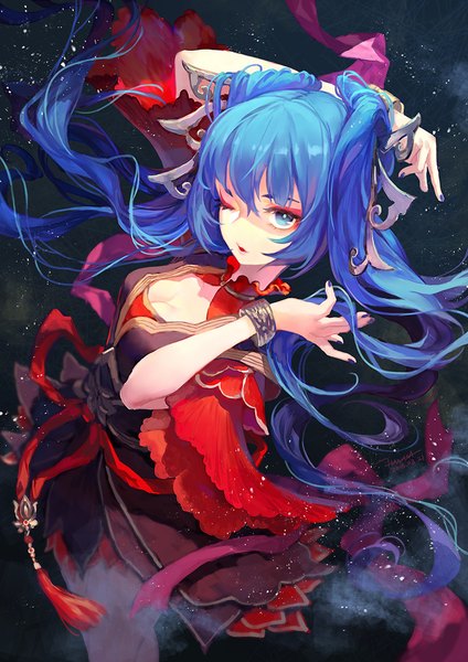 Anime picture 818x1158 with ching nu yu hun 2 criin single long hair tall image looking at viewer fringe breasts open mouth blue eyes hair between eyes large breasts twintails blue hair cleavage nail polish one eye closed fingernails from above short sleeves