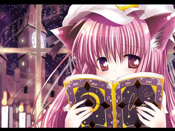 Anime picture 3200x2400 with touhou patchouli knowledge single long hair blush highres red eyes holding animal ears pink hair parted lips cat ears looking down portrait surprised girl hat book (books) bonnet candle (candles)