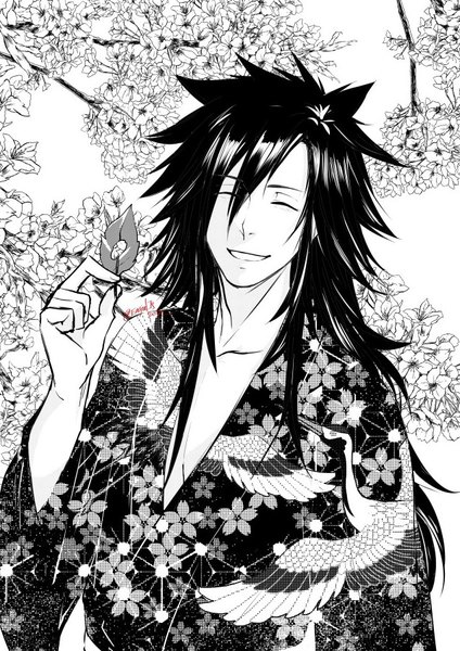 Anime picture 636x900 with naruto studio pierrot naruto (series) uchiha madara eagiel single long hair tall image fringe smile hair between eyes holding eyes closed traditional clothes head tilt japanese clothes light smile alternate costume monochrome boy