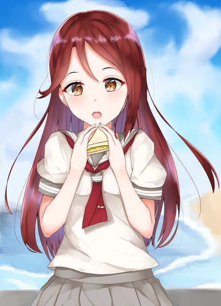 Anime-Bild 2800x3864 mit love live! sunshine!! sunrise (studio) love live! sakurauchi riko ayase chisato (ay c1) single long hair tall image looking at viewer blush fringe highres open mouth hair between eyes holding brown eyes sky cloud (clouds) upper body outdoors