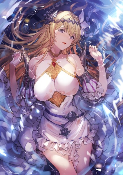 Anime picture 2893x4092 with granblue fantasy jeanne d'arc (granblue fantasy) kakage single long hair tall image looking at viewer blush fringe highres breasts open mouth light erotic blonde hair hair between eyes large breasts purple eyes bare shoulders payot ahoge