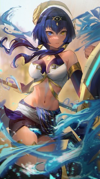 Anime picture 2922x5220 with genshin impact candace (genshin impact) yonesdraws single long hair tall image looking at viewer blush fringe highres breasts light erotic hair between eyes large breasts purple eyes twintails bare shoulders brown eyes purple hair blunt bangs