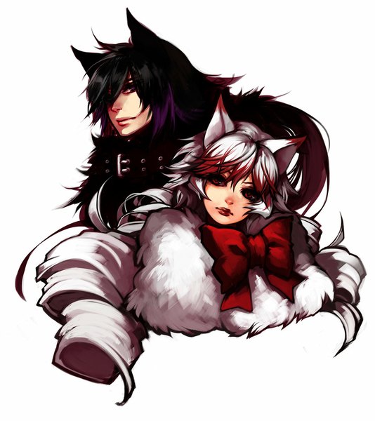 Anime picture 900x1011 with original camille myriad zentreza caim vel lemorte ippus long hair tall image looking at viewer black hair simple background red eyes white background animal ears purple hair white hair red hair multicolored hair lips two-tone hair couple makeup