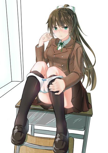 Anime picture 2480x3507 with original 3d-kun single long hair tall image looking at viewer blush fringe highres light erotic brown hair sitting green eyes ponytail pleated skirt embarrassed thighs girl skirt uniform