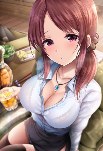 Anime picture 1008x1473 with idolmaster idolmaster cinderella girls mifune miyu garana single long hair tall image looking at viewer blush fringe breasts light erotic brown hair large breasts sitting holding payot cleavage indoors parted lips