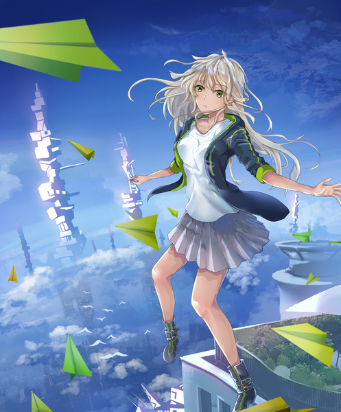 Anime picture 3388x4093 with original sakudzuki yakumo single long hair tall image looking at viewer fringe highres open mouth hair between eyes green eyes absurdres sky silver hair full body pleated skirt open jacket bare legs flying girl
