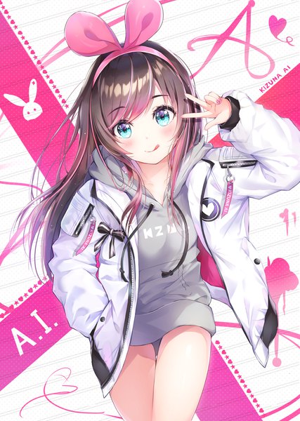 Anime picture 2849x4000 with virtual youtuber a.i. channel kizuna ai dana (hapong07) single long hair tall image looking at viewer blush fringe highres blue eyes simple background brown hair standing long sleeves nail polish multicolored hair arm up fingernails