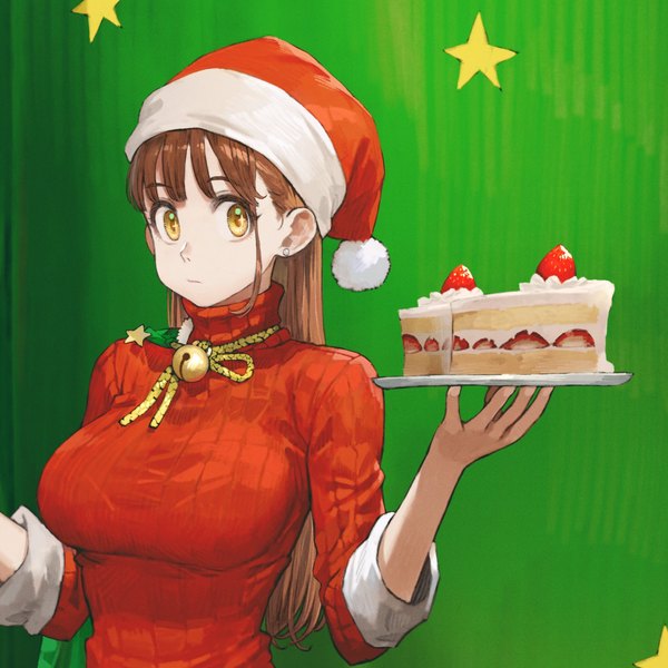 Anime picture 2048x2048 with original jun (seojh1029) single long hair looking at viewer highres breasts brown hair large breasts yellow eyes christmas cropped girl dress hat earrings star (symbol) red dress turtleneck santa claus hat