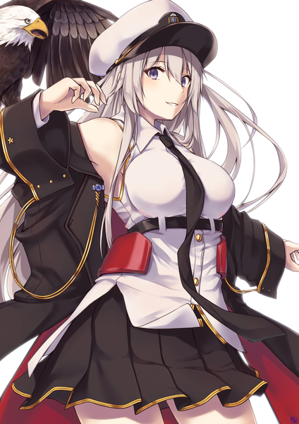 Anime picture 965x1364 with azur lane enterprise (azur lane) enchuu single long hair tall image looking at viewer fringe simple background hair between eyes white background purple eyes pleated skirt grey hair off shoulder military bird on hand girl skirt miniskirt