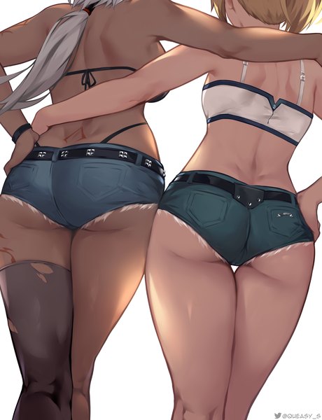 Anime picture 2680x3496 with fate (series) fate/grand order mordred (fate) caenis (fate) queasy s long hair tall image highres light erotic simple background blonde hair standing multiple girls signed silver hair ass from behind from below hand on hip hug